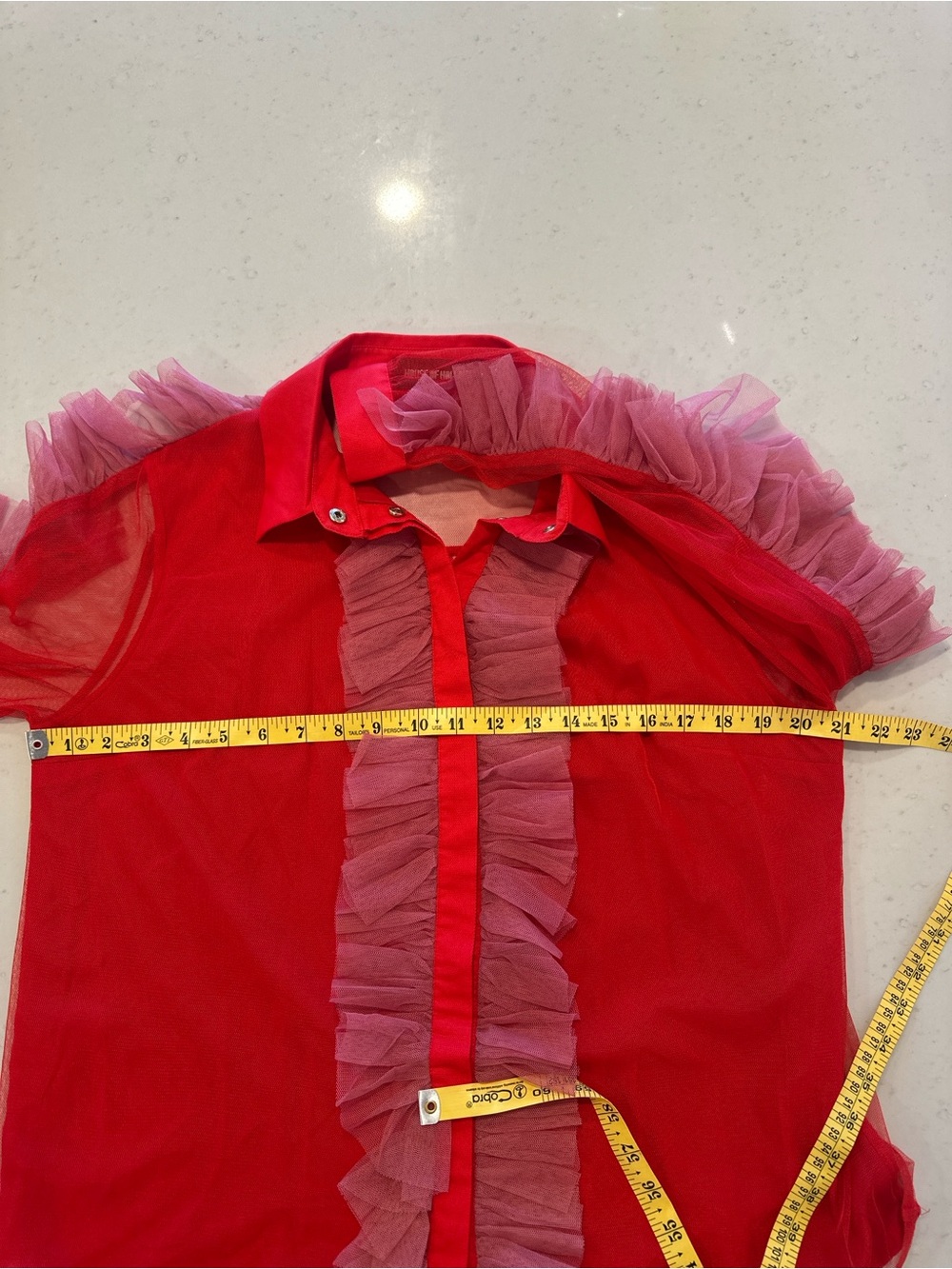 House Of Holland Red Pink Ruffle Sheer Button Down Blouse Designer Eccentric - Picture 8 of 9